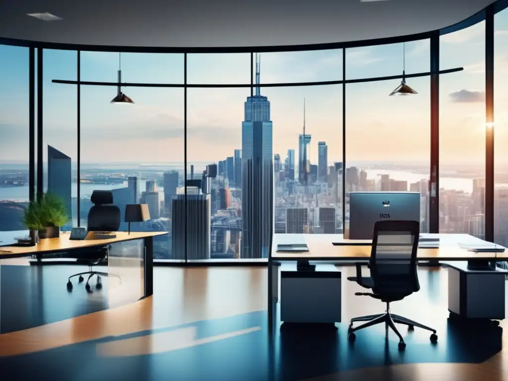 Oficina moderna con vista panorámica de ciudad y profesionales trabajando Oficina moderna con vista panorámica de una ciudad, profesionales trabajando y tecnología avanzada