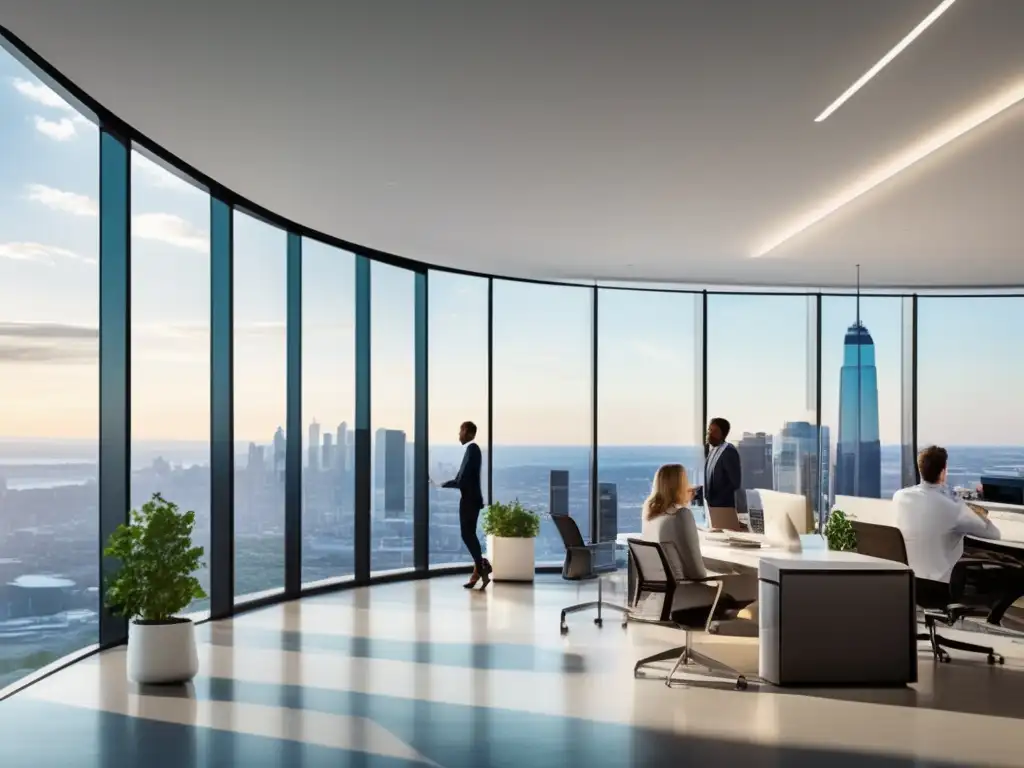 Oficina moderna con vista panorámica de la ciudad Oficina moderna con vista panorámica a una ciudad vibrante
