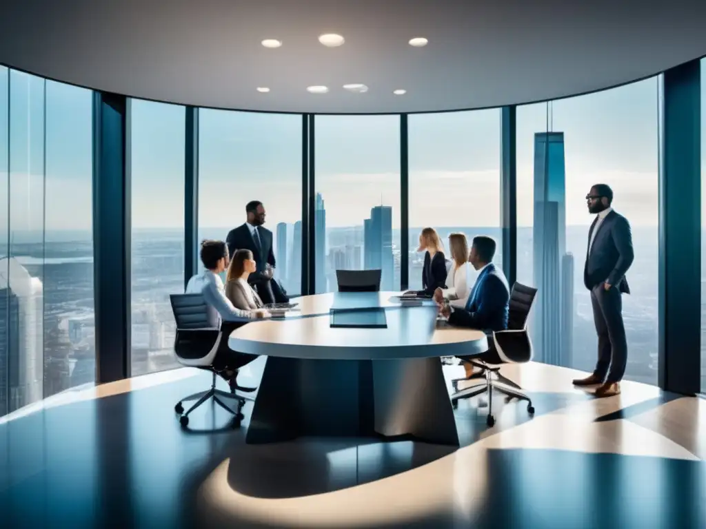 Oficina moderna con vista panorámica de la ciudad Oficina moderna con vista panorámica de la ciudad y profesionales discutiendo estrategias de inversión (Cambio de inversión pasiva a activa)