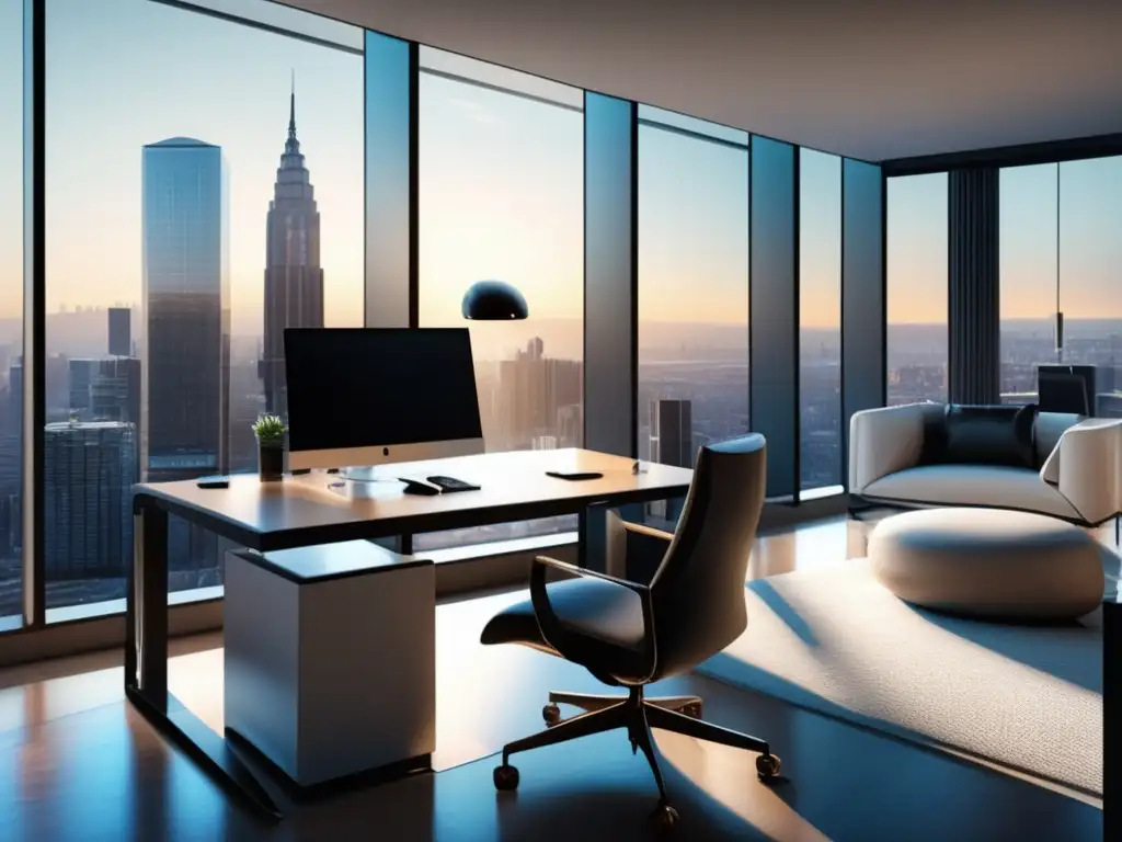 Oficina moderna con vista panorámica Oficina moderna con vista panorámica a la ciudad y estrategias de inversión en criptomonedas