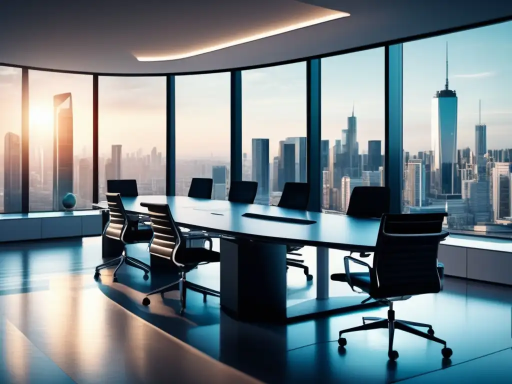 Oficina moderna con vista panorámica de la ciudad y ejecutivos discutiendo Oficina moderna con vista panorámica de ciudad y ejecutivos discutiendo estrategias de inversión