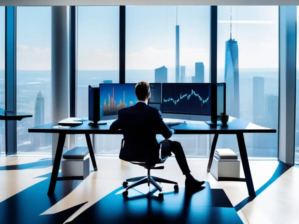 Oficina moderna con inversor analizando gráficos Oficina moderna con vista panorámica de la ciudad y un inversionista analizando gráficos y el RSI para estrategias de inversión