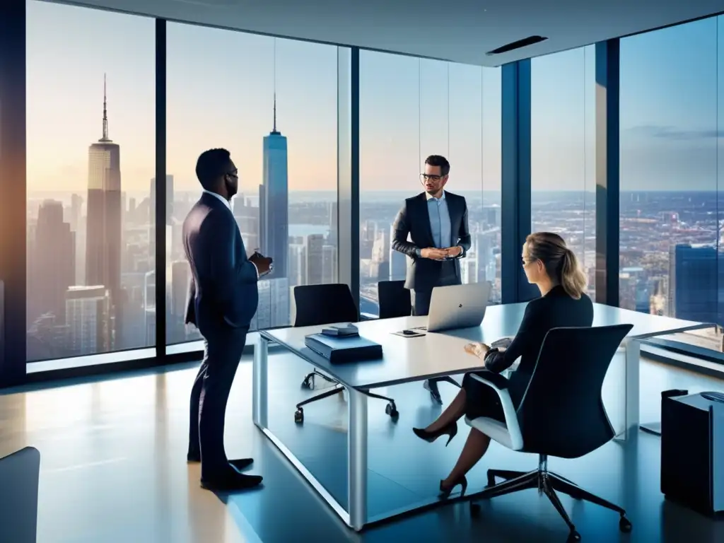 Espacio de oficina moderno con vista a la ciudad Oficina moderna con vista panorámica de la ciudad y profesionales analizando gráficos y estrategias para invertir en acciones