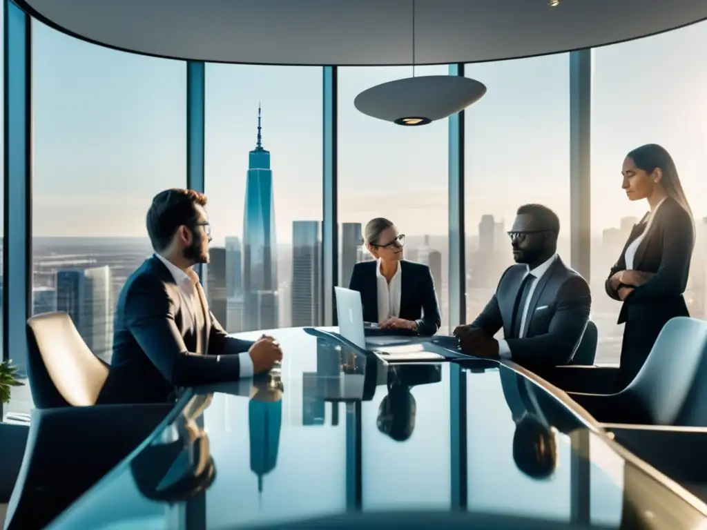 Oficina moderna con vista panorámica de la ciudad y profesionales de negocios discutiendo - Mejor elección de futuros y opciones