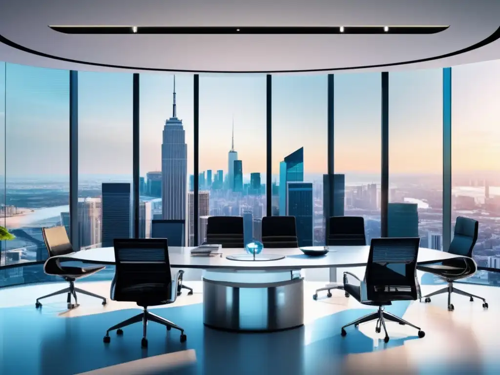 Oficina moderna con vista panorámica de la ciudad Oficina moderna con vista panorámica de la ciudad y profesionales analizando gráficos de ETFs de materias primas para diversificación de cartera