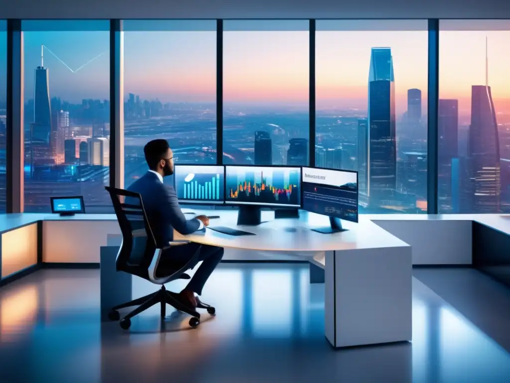 Oficina moderna con vista panorámica de la ciudad Oficina moderna con vista panorámica a la ciudad y profesional analizando gráficos - Guía inversiones acciones sector salud