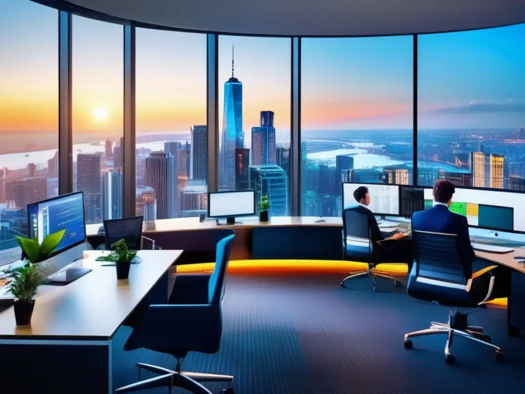 Oficina moderna en la ciudad financiera Oficina moderna con vista panorámica de la ciudad, profesionales analizando datos y diversificación en índices sectoriales
