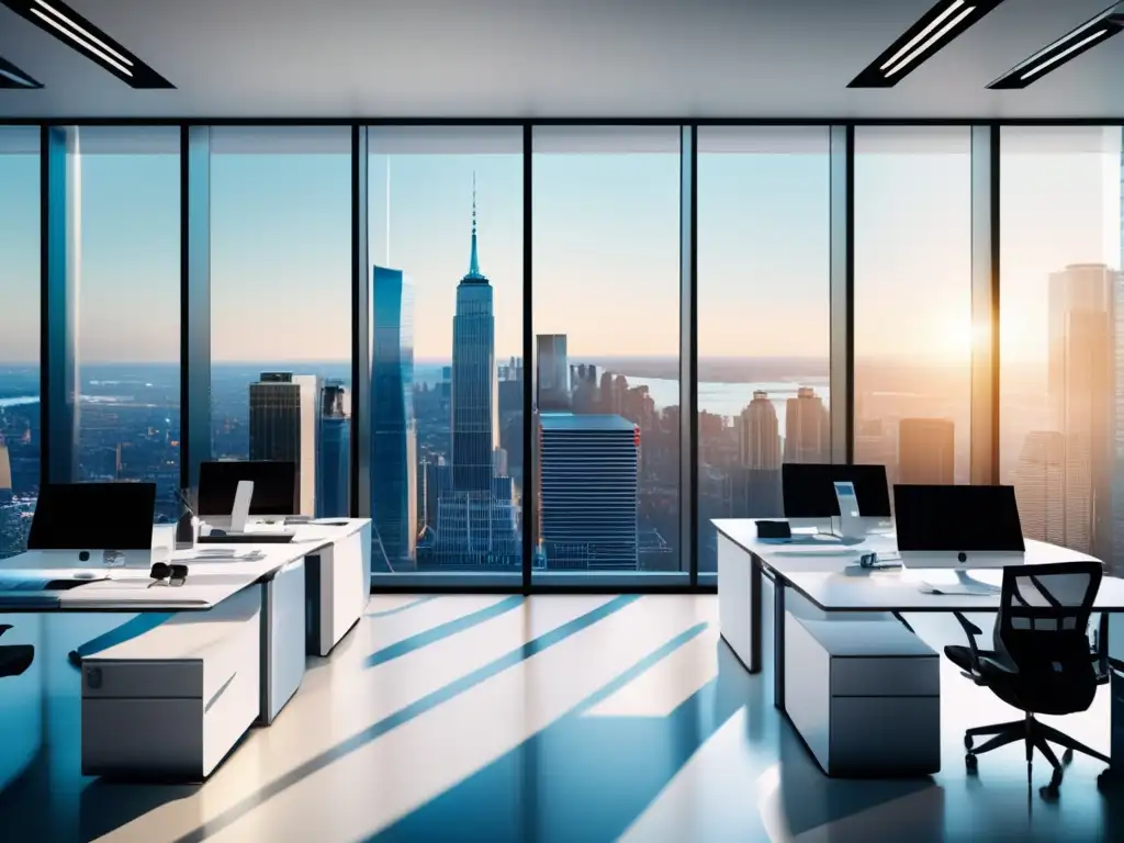 Oficina moderna y elegante con vista panorámica del distrito financiero Oficina moderna con vista panorámica a distrito financiero: Guía para invertir en acciones financieras