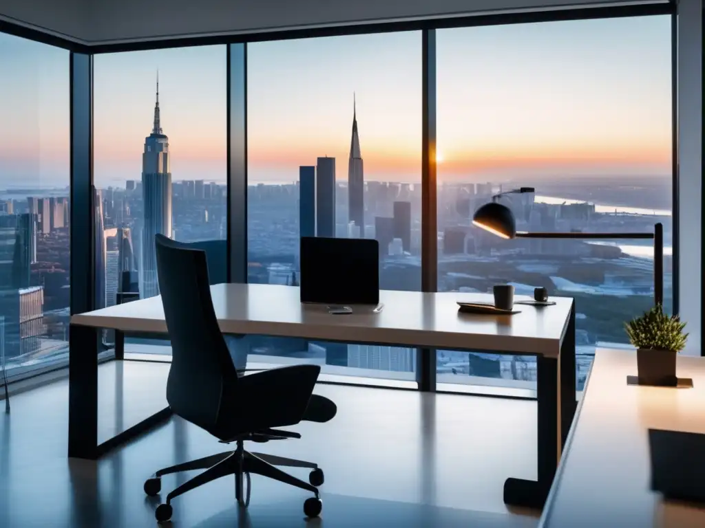 Oficina moderna con vista panorámica Oficina moderna con vista panorámica de ciudad, muebles minimalistas, gráficas de ETFs y datos de mercado en tiempo real