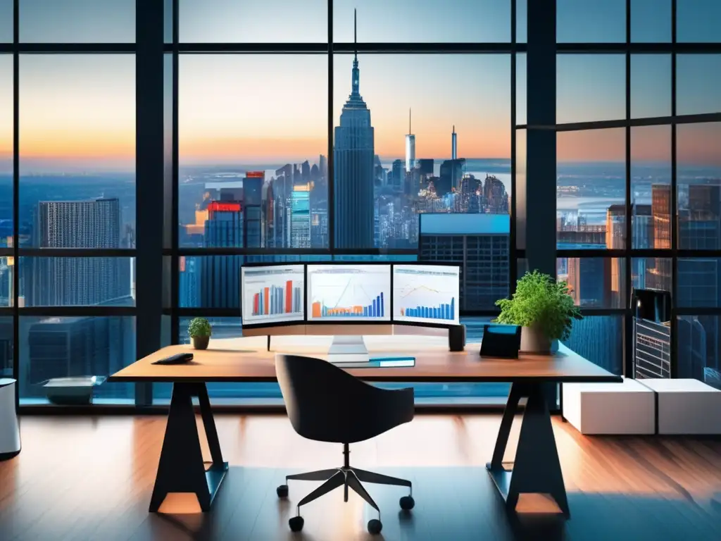 Oficina moderna con vista panorámica de la ciudad y tecnología ETF Oficina moderna con vista panorámica de la ciudad, estrategias de inversión en ETFs para principiantes reveladas