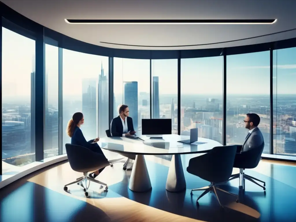 Oficina moderna con profesionales discutiendo Oficina moderna con vista panorámica, profesionales discutiendo estrategias y beneficios del swap de tasa de interés