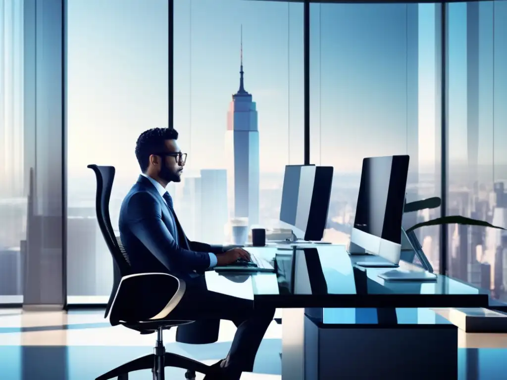 Oficina moderna con vista a la ciudad Oficina moderna con vista panorámica de la ciudad y análisis de inversiones en crisis