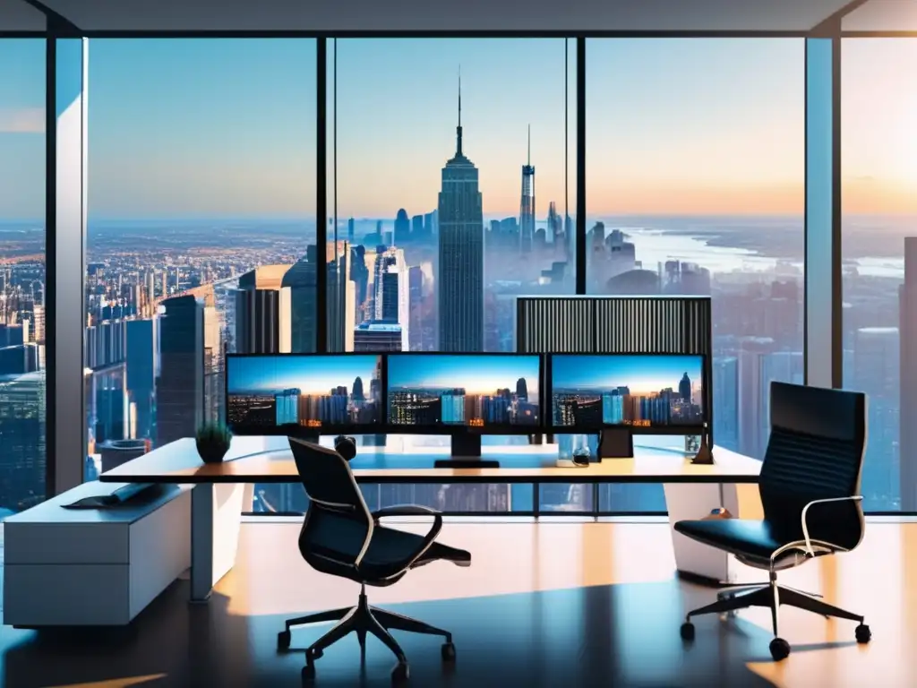Oficina moderna con vista panorámica Oficina moderna con vista panorámica de la ciudad y operador de criptomonedas analizando datos