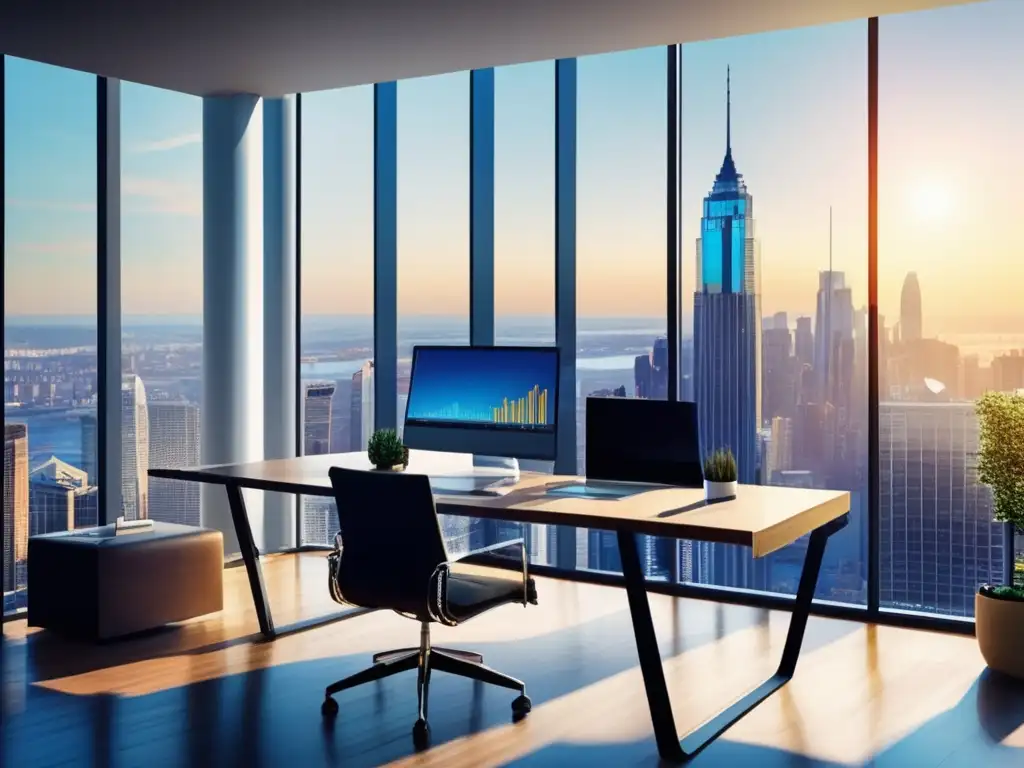 Un espacio de oficina moderno con vista panorámica de la ciudad Oficina moderna con vista panorámica de la ciudad y muebles contemporáneos