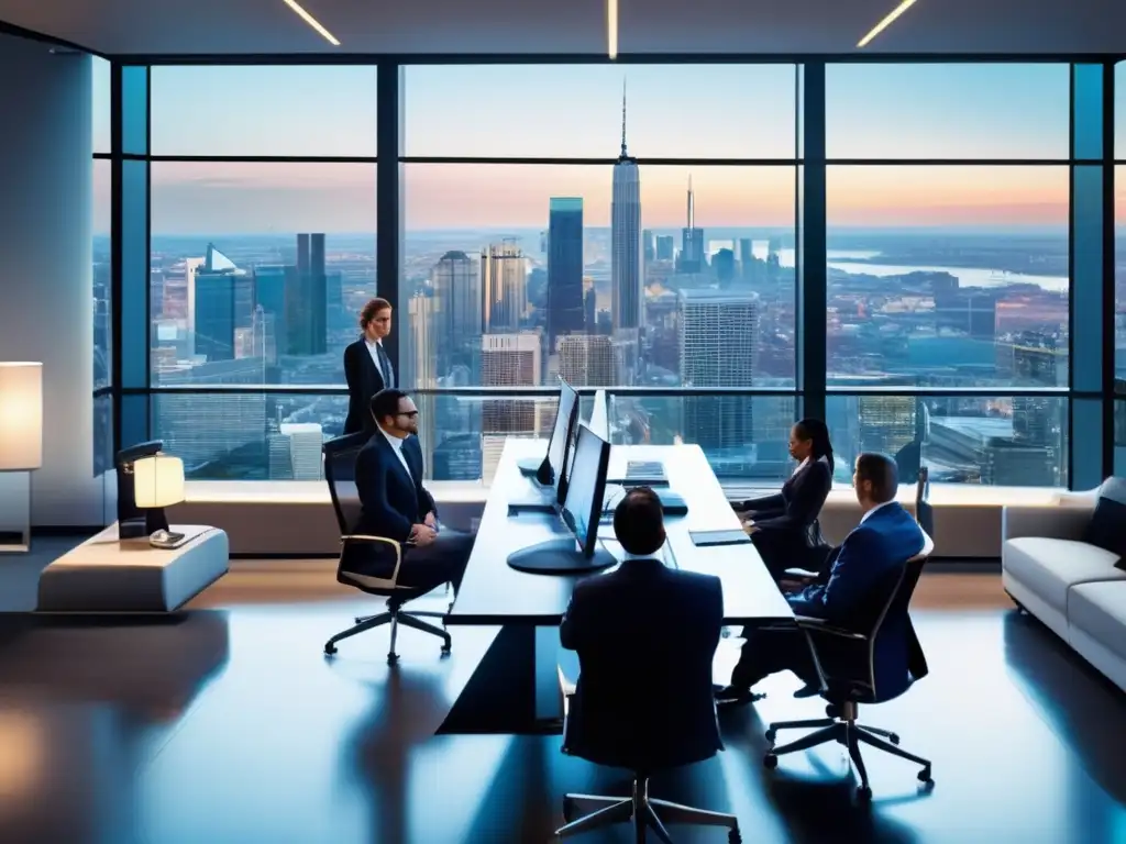 Oficina moderna con vista panorámica Oficina moderna con vista panorámica de la ciudad y estrategias avanzadas de inversión en derivados