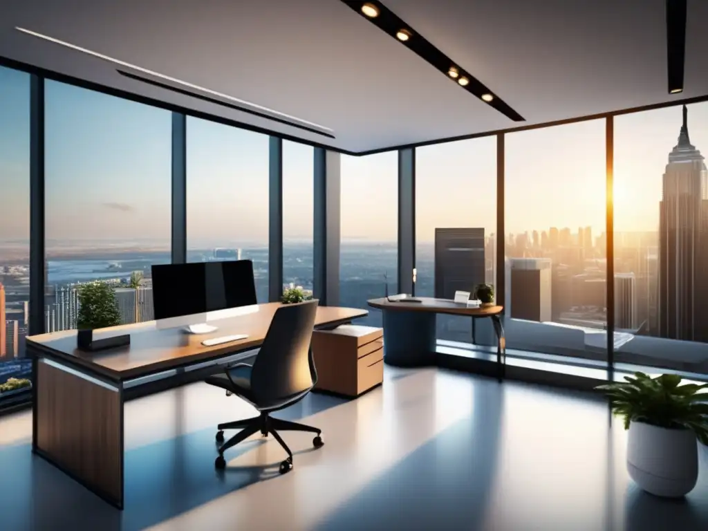 Oficina moderna con vista panorámica Oficina moderna con vista panorámica de la ciudad, ideal para invertir en plataformas tradicionales con poco capital