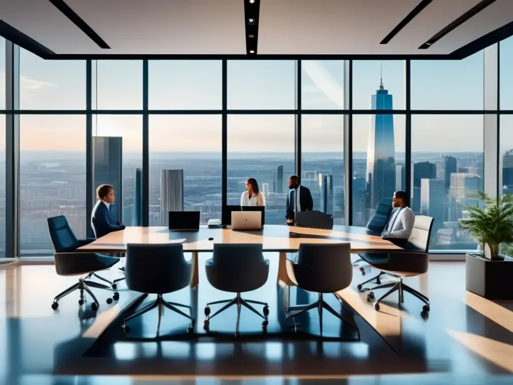 Oficina moderna con equipo diverso analizando datos Oficina moderna con vista panorámica de ciudad