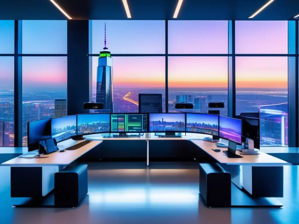 Oficina de alta tecnología con vista panorámica Oficina moderna con vista panorámica a la ciudad y estación de trading hightech