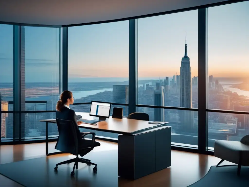 Oficina moderna con vista panorámica a la ciudad Oficina moderna con vista panorámica de una ciudad, muebles minimalistas, tecnología avanzada y persona analizando inversiones pasivas