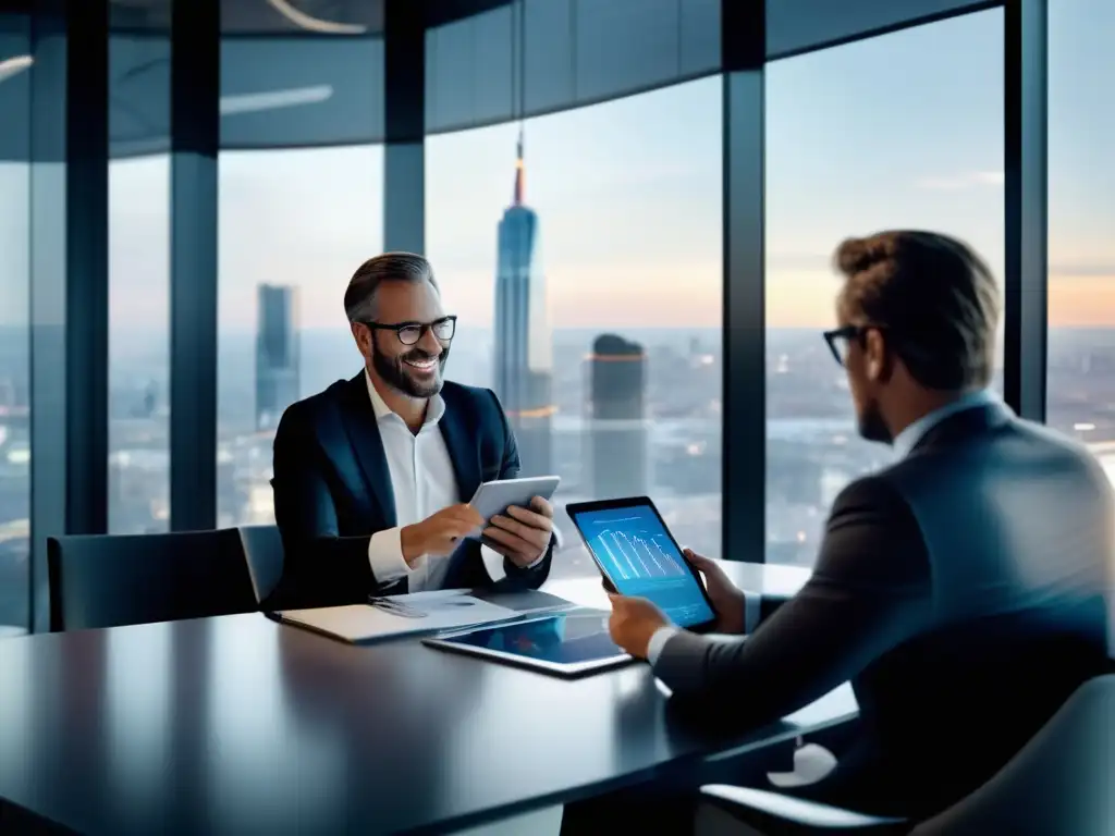 Oficina moderna con asesor financiero y ciudad vibrante Oficina moderna con vista panorámica de ciudad, asesor financiero y gráficos - Inversiones pasivas en plataformas tradicionales