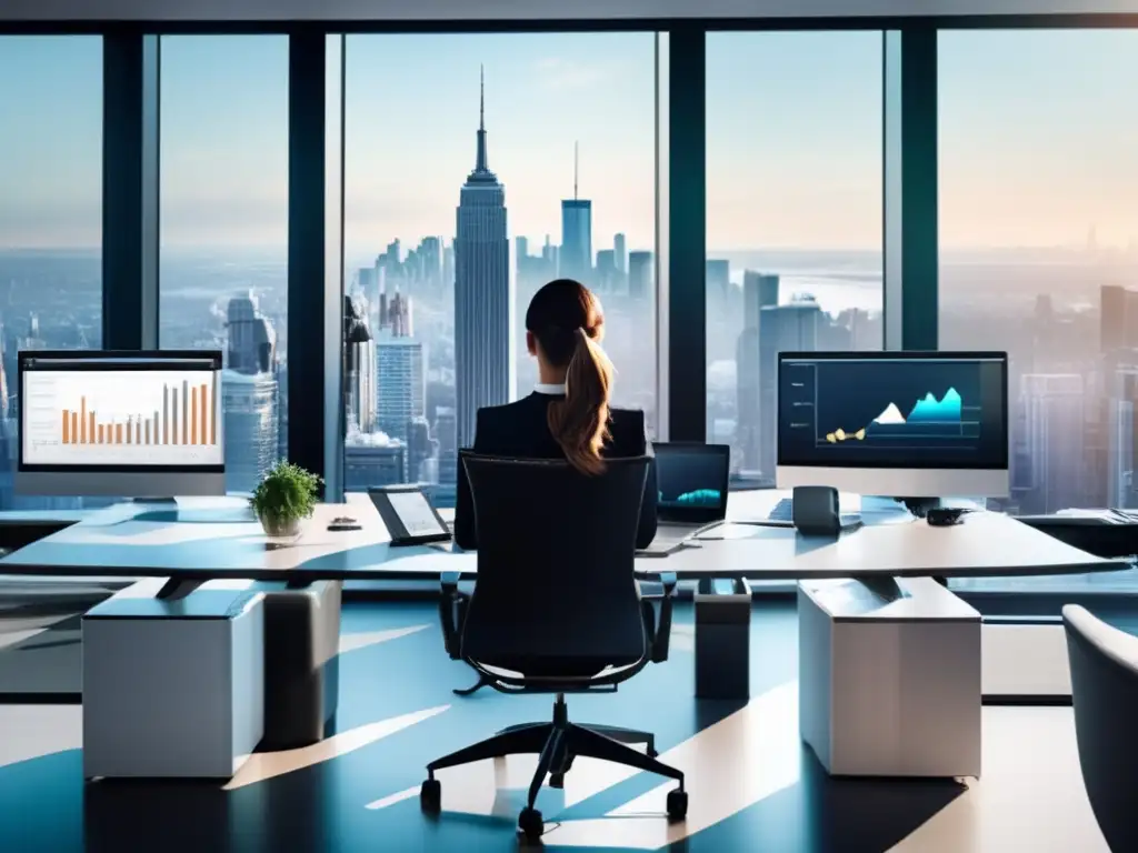 Oficina moderna con vista panorámica Oficina moderna con vista panorámica de una ciudad, mujer profesional analizando gráficos financieros