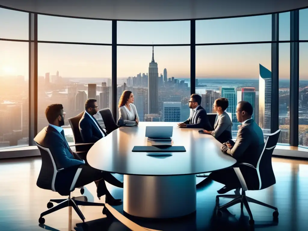 Oficina moderna con inversores analizando datos Oficina moderna con vista panorámica de la ciudad