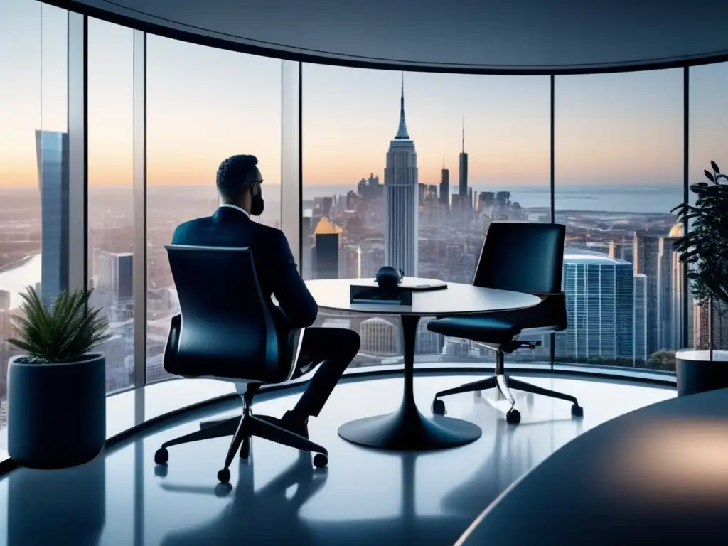 Oficina moderna con vista panorámica de ciudad Oficina moderna con vista panorámica a la ciudad y escritorio elegante: Inversiones a largo plazo rentables