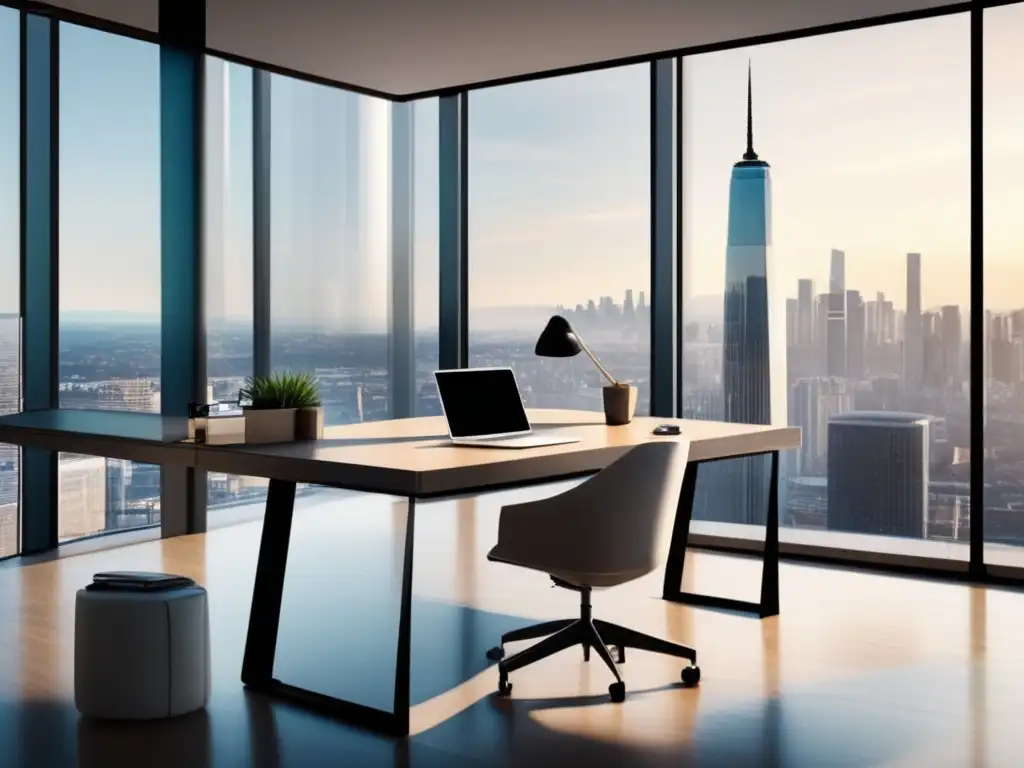 Oficina moderna con vista a la ciudad y enfoque en inversiones Oficina moderna con vista panorámica de la ciudad