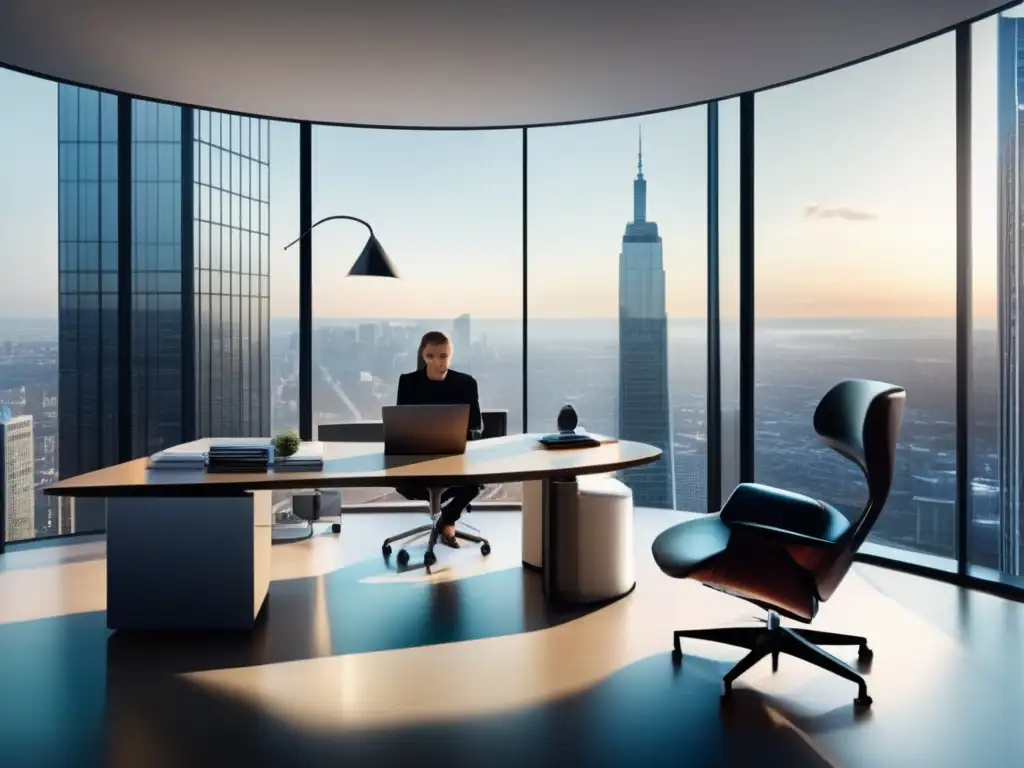 Oficina moderna con vista panorámica Oficina moderna con vista panorámica de la ciudad y un inversor analizando datos (Sesgo de autoridad en inversiones)