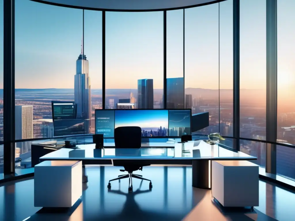 Oficina moderna y serena en 8k Oficina moderna con vista panorámica, profesional concentrado