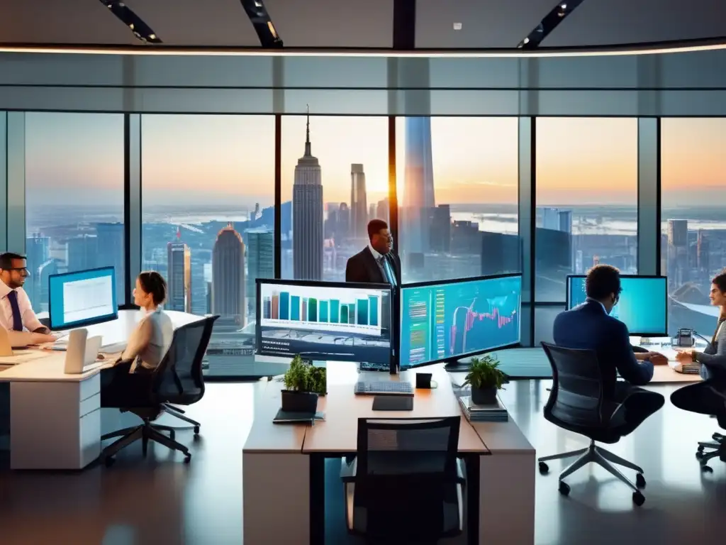 Oficina financiera con vista panorámica de la ciudad Oficina moderna con vista panorámica de ciudad y profesionales analizando noticias financieras (Impacto de las noticias financieras)