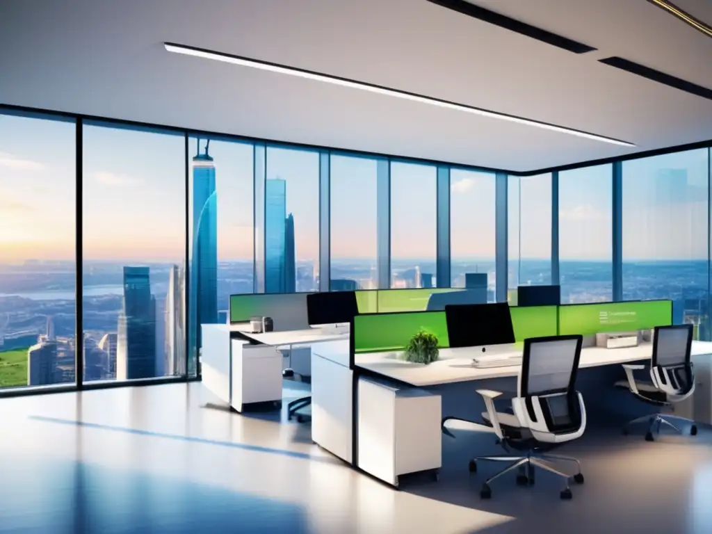 Oficina moderna con vista panorámica y tecnología avanzada Oficina moderna con vista panorámica de la ciudad, mobiliario contemporáneo y tecnología avanzada