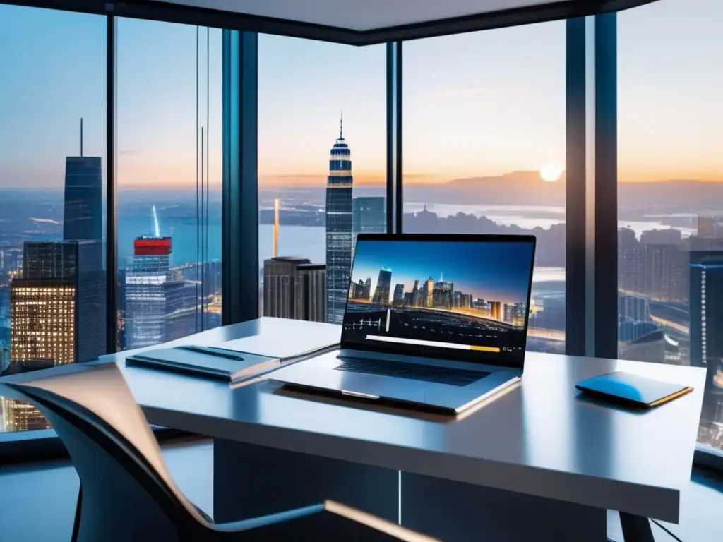 Oficina moderna con vista panorámica Oficina moderna con vista panorámica de la ciudad y secretos de disciplina financiera