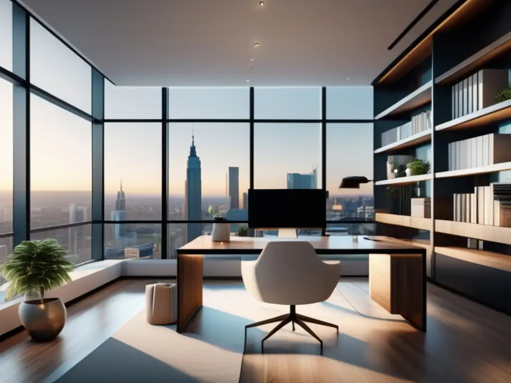 Oficina moderna y sofisticada con vista panorámica Oficina moderna con vista panorámica, muebles contemporáneos y estrategias de inversión rentables en plataformas tradicionales