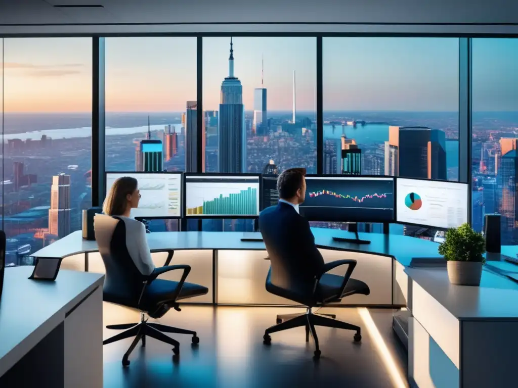 Oficina moderna con vista panorámica de la ciudad Oficina moderna con vista panorámica a ciudad, profesionales analizando gráficos y noticias en pantallas