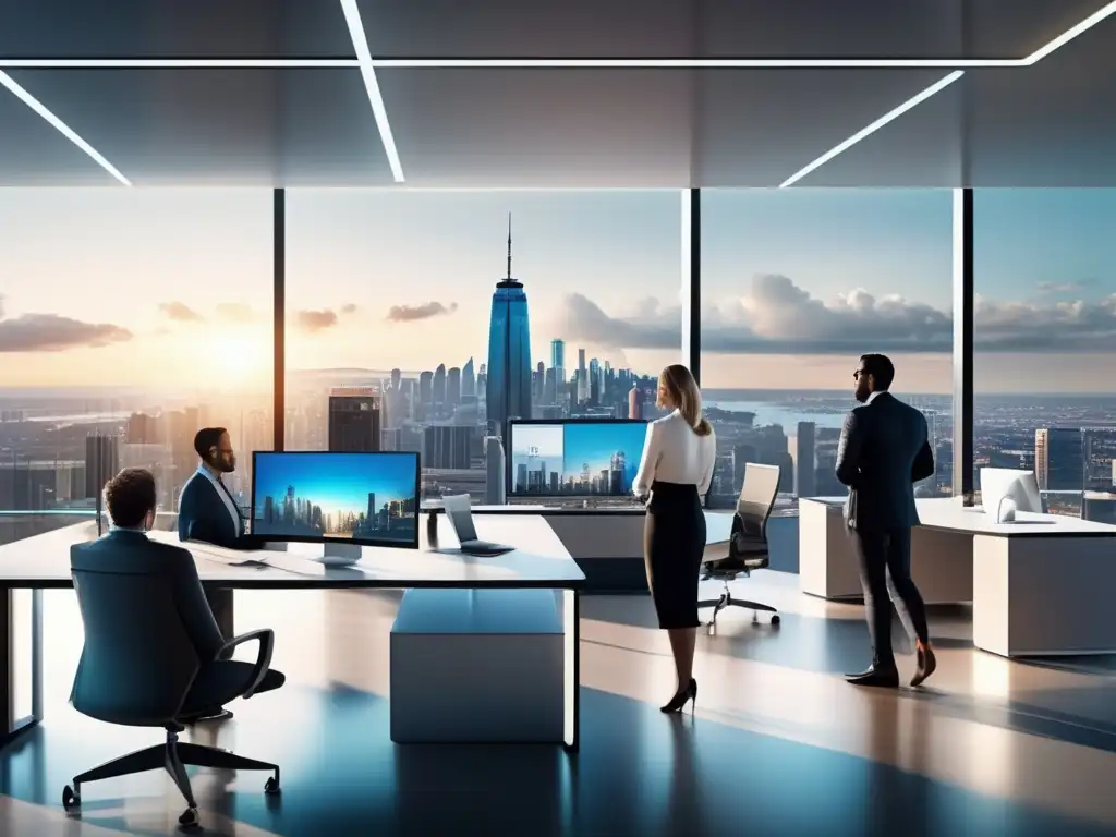 Oficina moderna con vista panorámica de ciudad Oficina moderna con vista panorámica de ciudad y profesionales analizando inversiones en redes sociales
