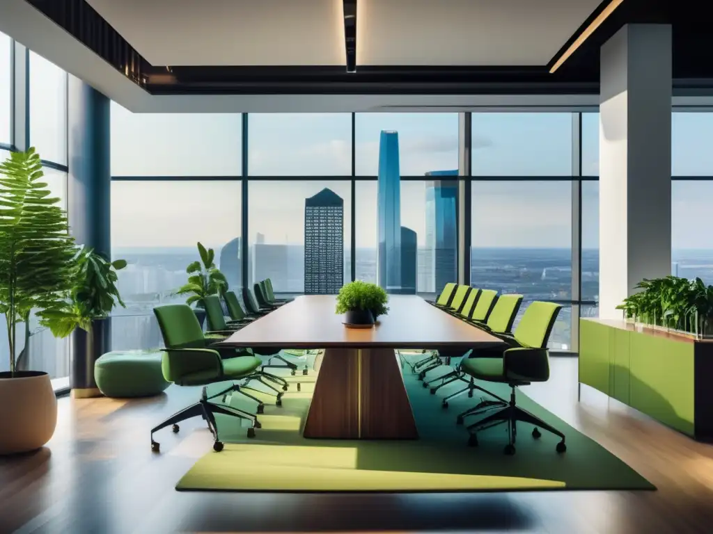 Oficina moderna con vista panorámica Oficina moderna con vista panorámica de la ciudad, mobiliario minimalista y plantas verdes - Filosofías financieras ancestrales