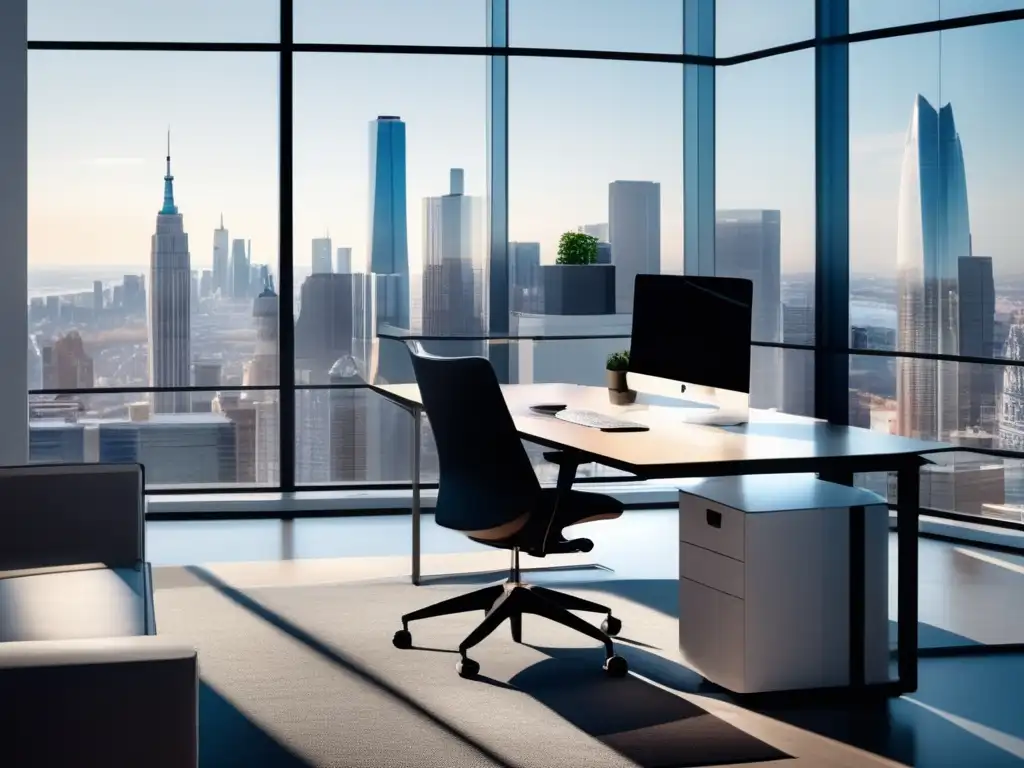 Oficina moderna con vista panorámica de la ciudad Oficina moderna con vista panorámica a la ciudad, muebles elegantes y persona leyendo noticias financieras