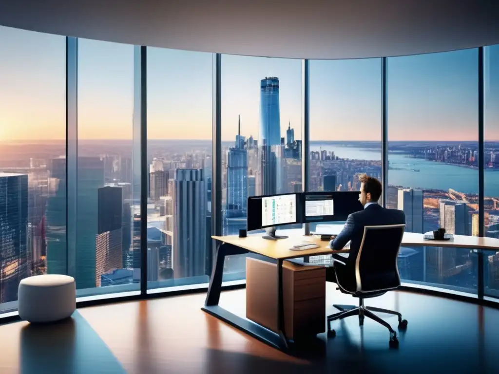 Oficina moderna con vista panorámica de la ciudad Oficina moderna con vista panorámica de ciudad y trampas de control en inversiones