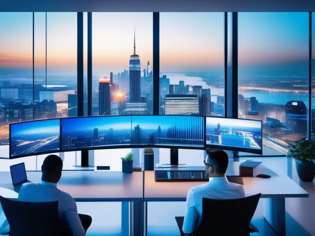 Oficina financiera moderna con vista panorámica de una ciudad Oficina moderna con vista panorámica de la ciudad, profesionales financieros trabajando con tecnología avanzada y datos en tiempo real