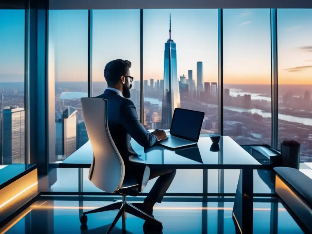 Oficina moderna con vista panorámica y tecnología Oficina moderna con vista panorámica de ciudad y riesgos de noticias falsas en inversión