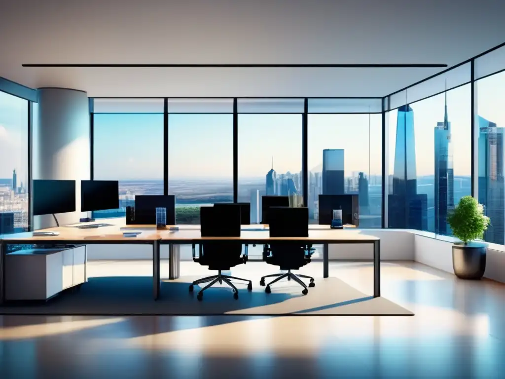 Un espacio de oficina moderno y minimalista con tecnología de vanguardia Oficina moderna con vista panorámica, tecnología avanzada y bien organizada