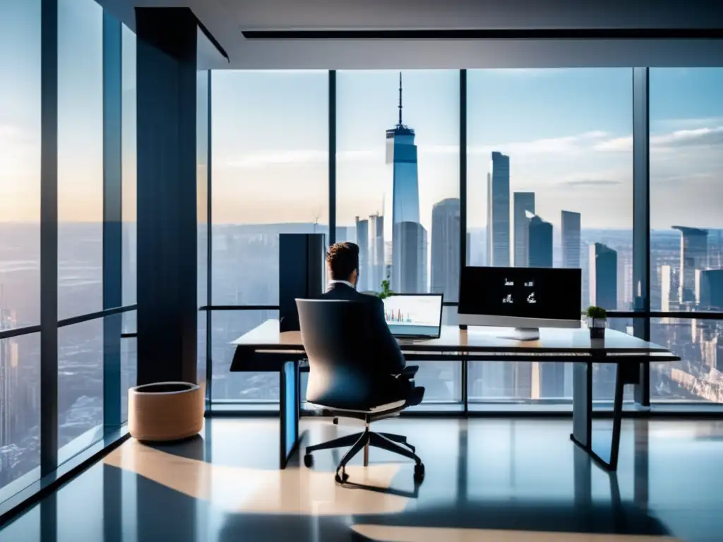 Oficina moderna con vista panorámica de la ciudad Oficina moderna con vista panorámica de la ciudad y escritorio minimalista