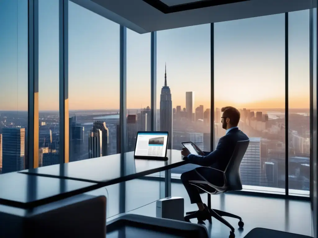 Oficina moderna con vista panorámica de la ciudad Oficina moderna con vista panorámica de la ciudad, inversionista leyendo noticias financieras en tablet