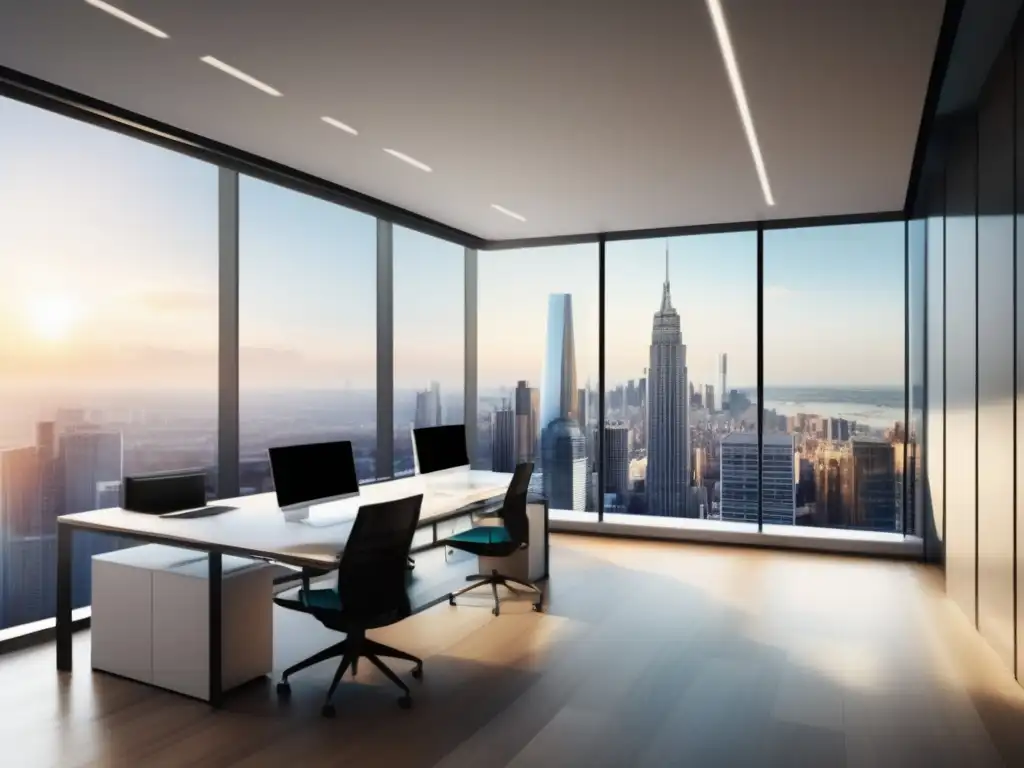 Oficina moderna con vista panorámica Oficina moderna con vista panorámica de una ciudad vibrante - Sesgo de Confirmación en Inversiones
