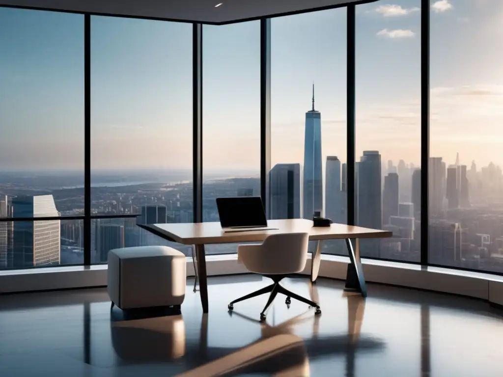 Oficina moderna con vista panorámica Oficina moderna con vista panorámica de la ciudad, mostrando diseño minimalista y estrategias de inversión y autocontrol financiero