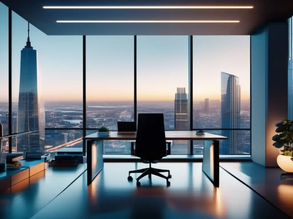 Oficina moderna con vista panorámica y tecnología financiera Oficina moderna con vista panorámica de ciudad y tecnología, influencia de redes sociales en inversión
