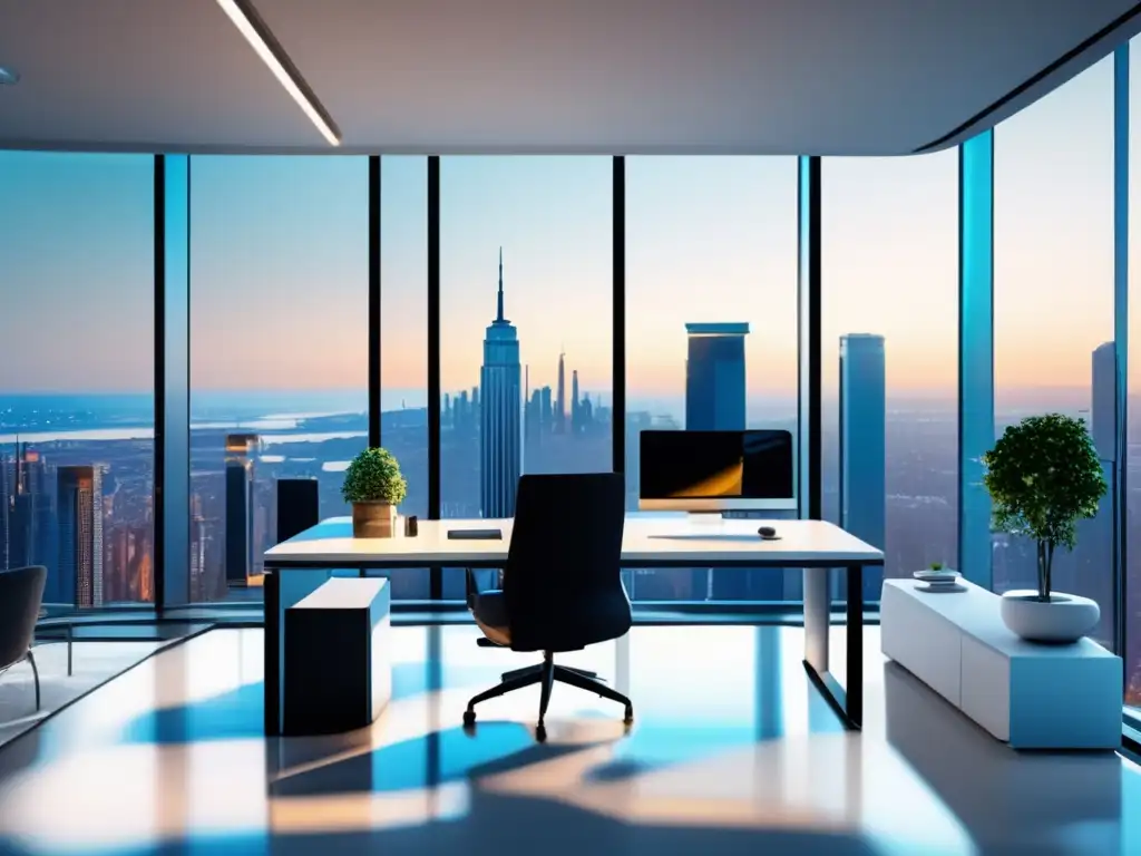 Espacio de oficina moderno con vista panorámica de la ciudad Oficina moderna con vista panorámica de ciudad
