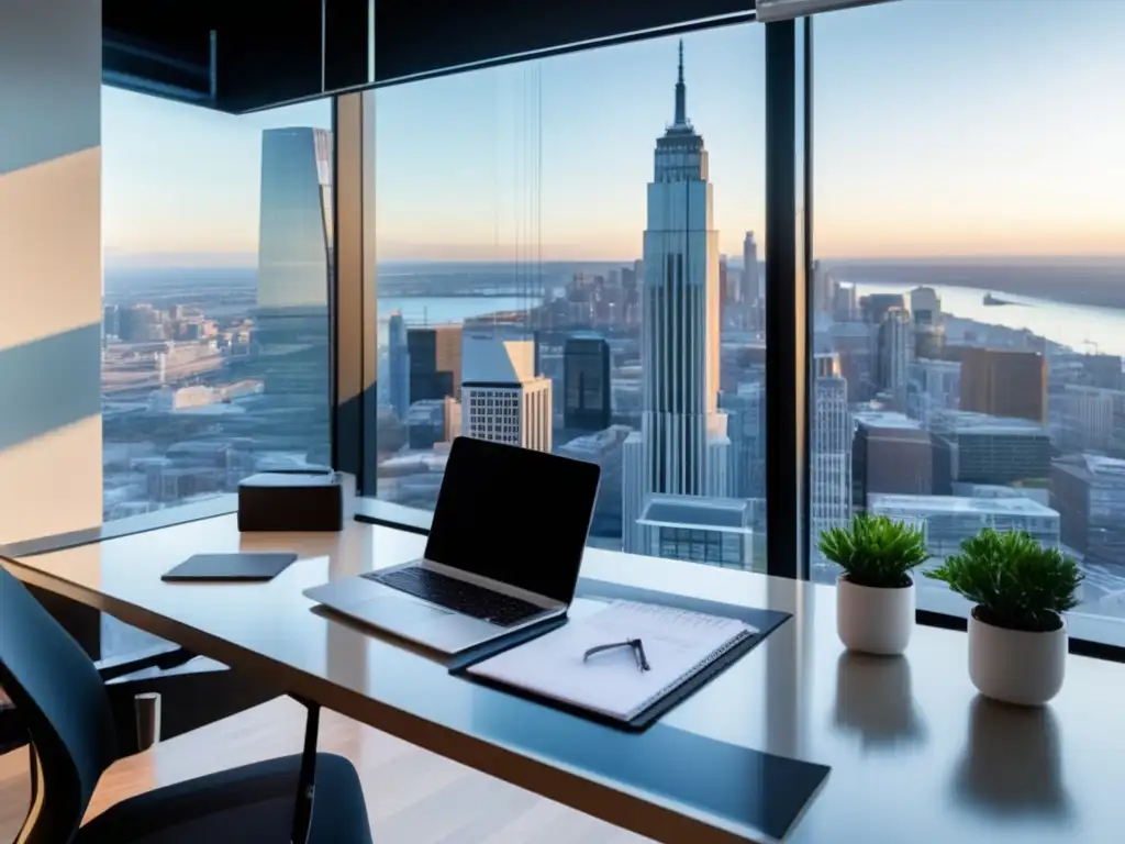 Oficina moderna con vista panorámica de la ciudad Oficina moderna con vista panorámica de ciudad y elementos para tomar decisiones financieras