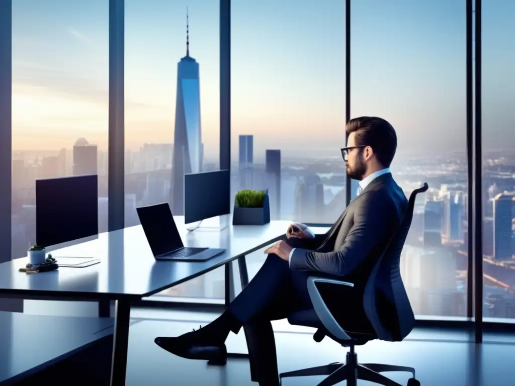 Oficina moderna con vista panorámica de la ciudad Oficina moderna con vista panorámica de ciudad, técnica para contrarrestar sesgo intuitivo en inversiones